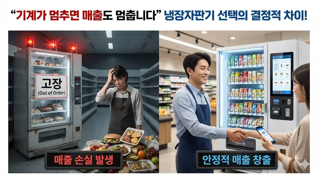 잦은 고장으로 매출 손실을 겪는 구형 냉장자판기와 안정적인 매출을 창출하는 스마트 냉장자판기의 운영 비교 이미지.