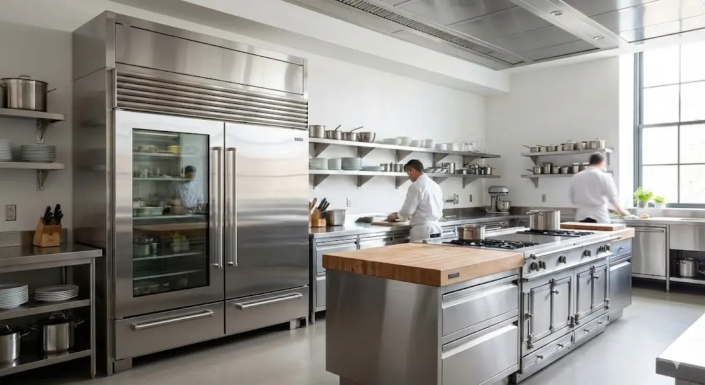 주방에 설치된 대형 스테인리스 상업용 냉장고의 모습