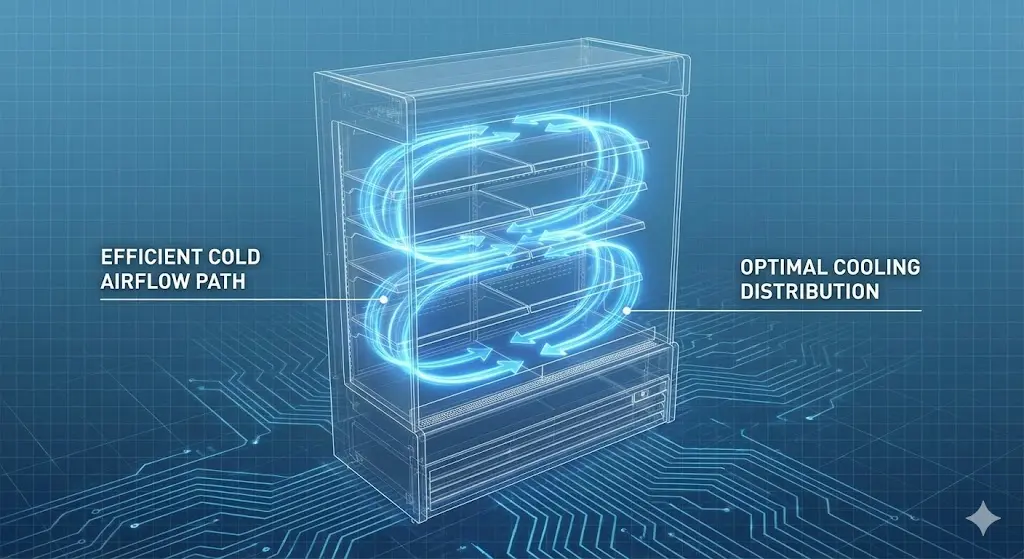 쇼케이스 내부의 정밀한 냉기 순환 과정을 보여주는 도식