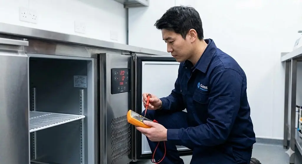 상업용 냉장고를 점검하고 있는 숙련된 엔지니어