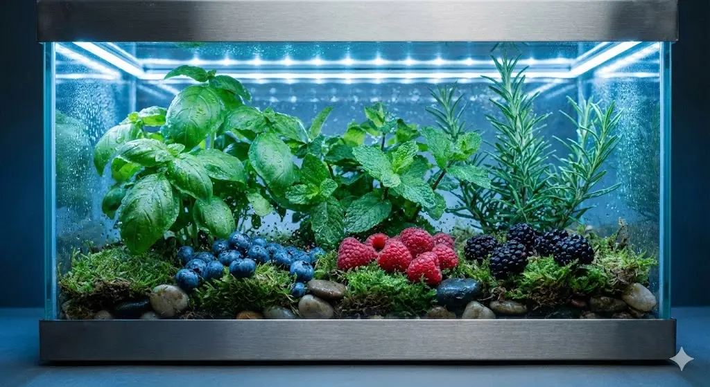 냉장고 안에서 신선함을 유지하고 있는 채소와 베리류