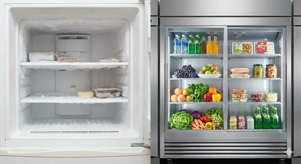 성에가 낀 일반 냉장고와 깨끗한 프리미엄 쇼케이스 비교