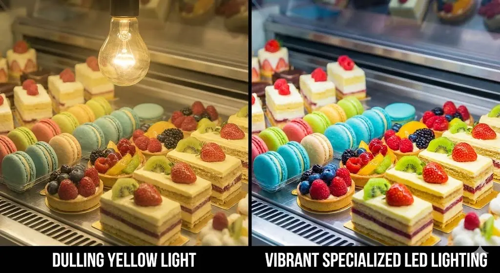 일반 조명과 맞춤형 전문 조명의 디저트 진열 비교