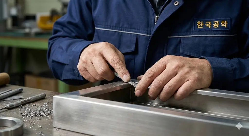 상업용 쇼케이스 프레임을 정밀하게 가공하는 한국인 기사님