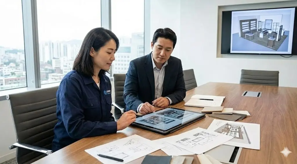 고객과 태블릿으로 쇼케이스 도면을 상담하는 전문가