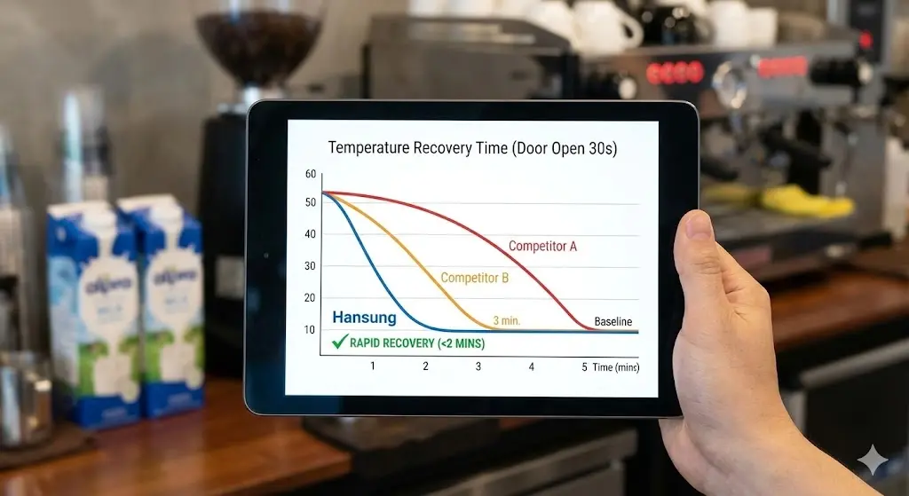 브랜드별 우유냉장고 문 열림 후 온도 복구 시간 비교 그래프