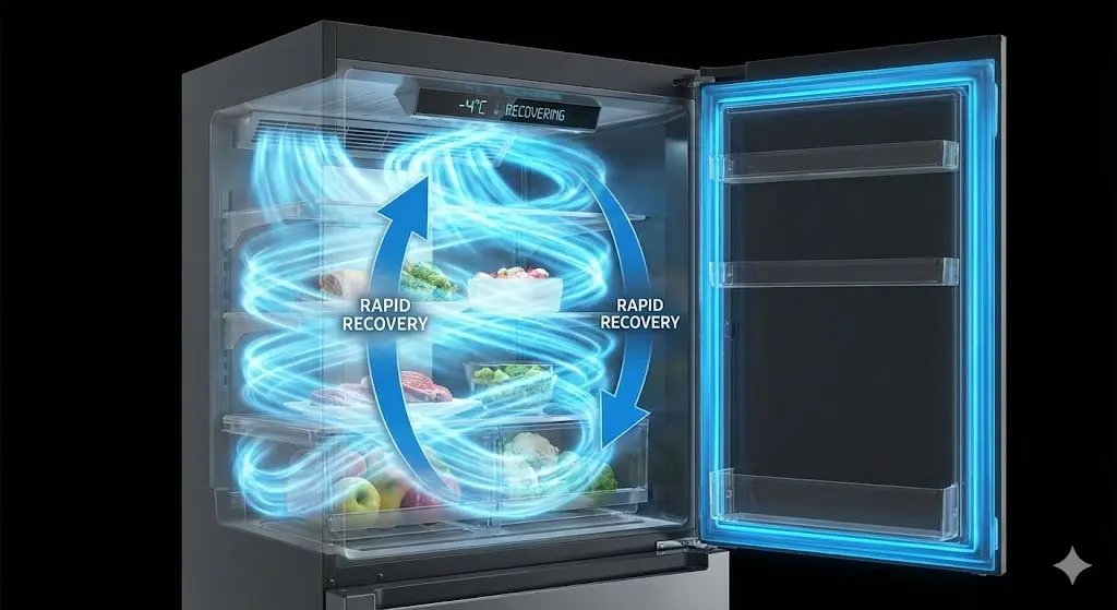 문 열림 후 빠르게 내부 온도를 낮추는 냉기 순환 기술 3D 도식