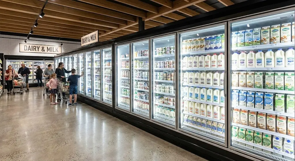 대형 마트에 설치된 프리미엄 우유 전용 쇼케이스 라인업