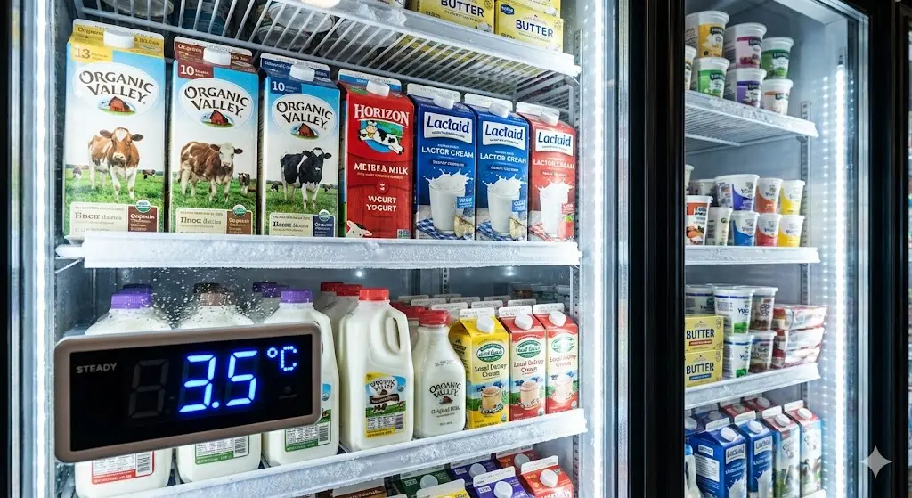 신선한 우유와 유제품이 가득 진열된 우유 전문 쇼케이스 내부