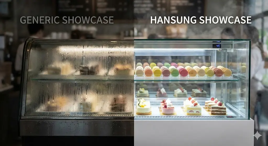 결로가 생긴 일반 쇼케이스와 투명한 한성쇼케이스의 비교 이미지