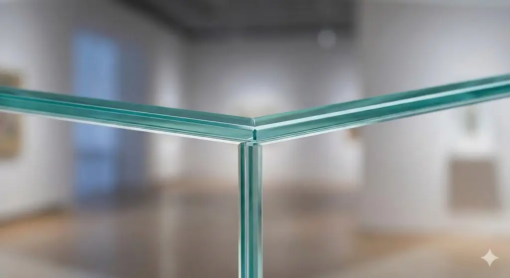 금속 프레임 없이 투명하게 접합된 쇼케이스의 모서리 디테일