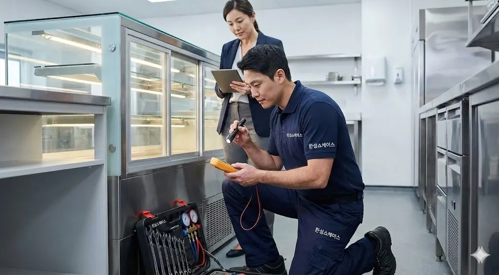 쇼케이스를 꼼꼼하게 점검하고 있는 전문 엔지니어의 모습