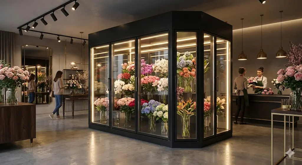 세련된 블랙 프레임의 대형 꽃냉장고가 설치된 고급 꽃집 인테리어