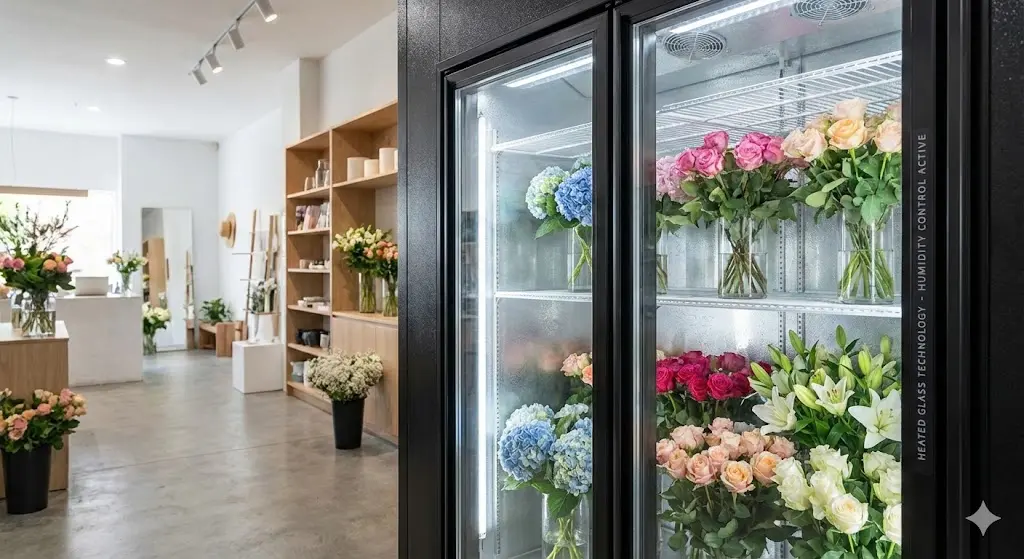 결로 없이 투명한 꽃냉장고 유리창을 통해 보이는 매장 내부