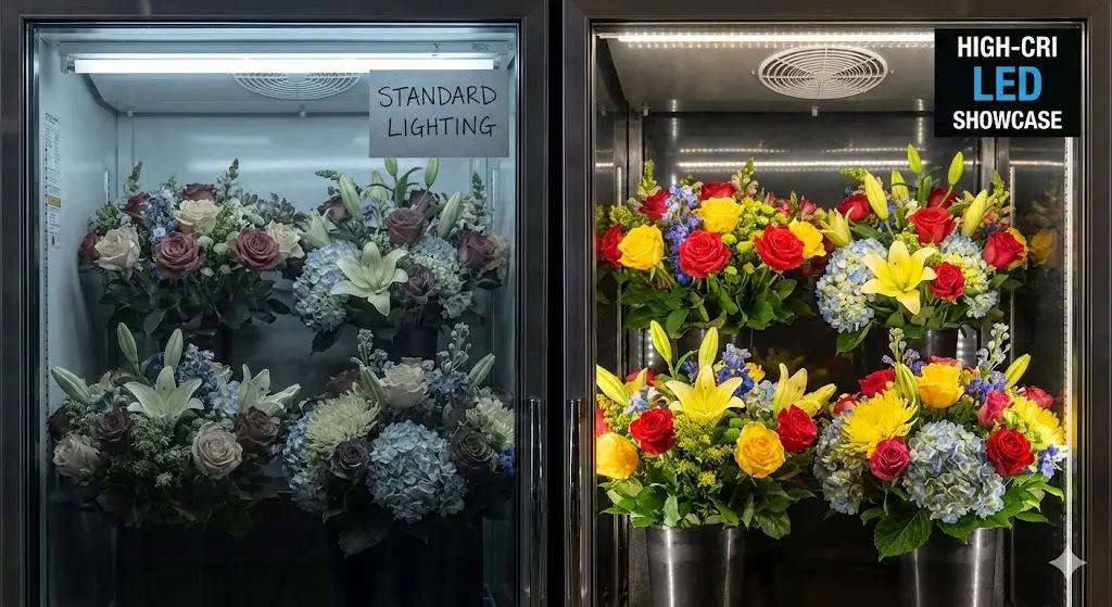 고연색성 LED 조명 아래 화사하게 빛나는 다양한 꽃다발 진열 모습