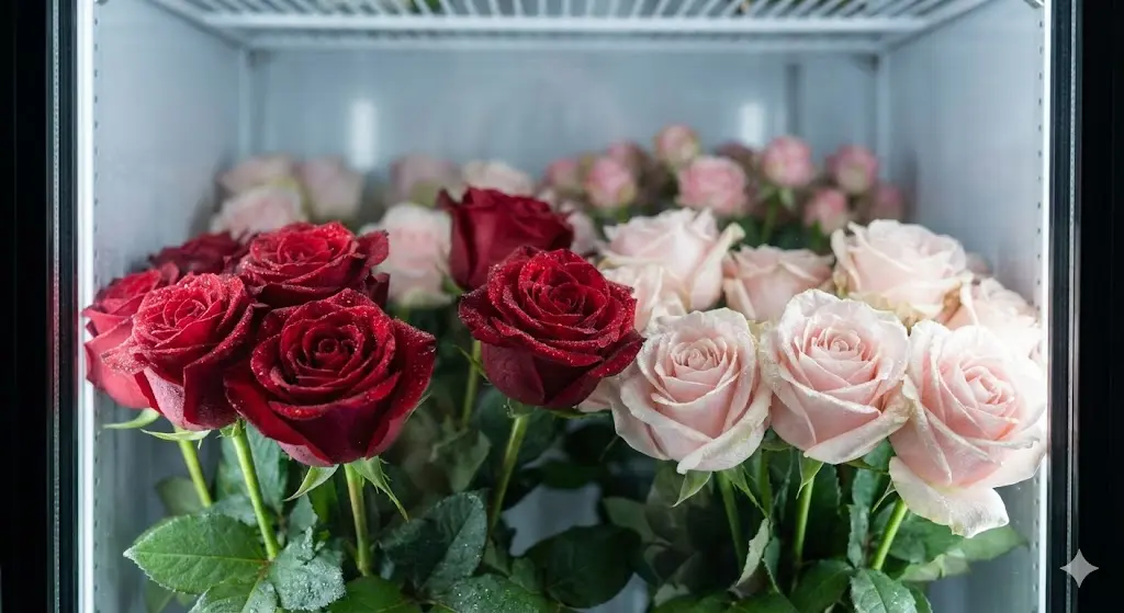 꽃냉장고 안에서 신선하게 보관된 장미꽃잎의 미세한 이슬방울