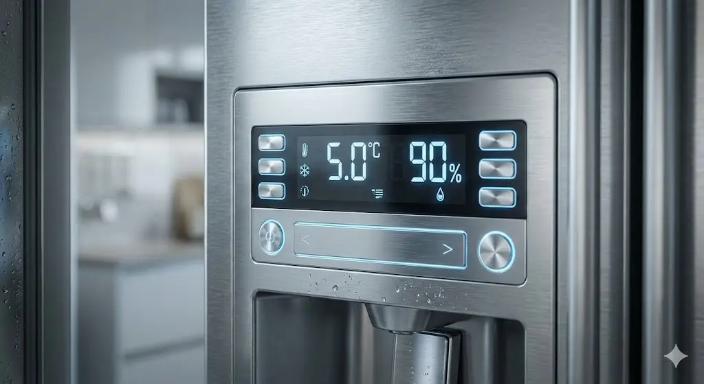 꽃냉장고의 디지털 온도 및 습도 조절 디스플레이 확대 사진