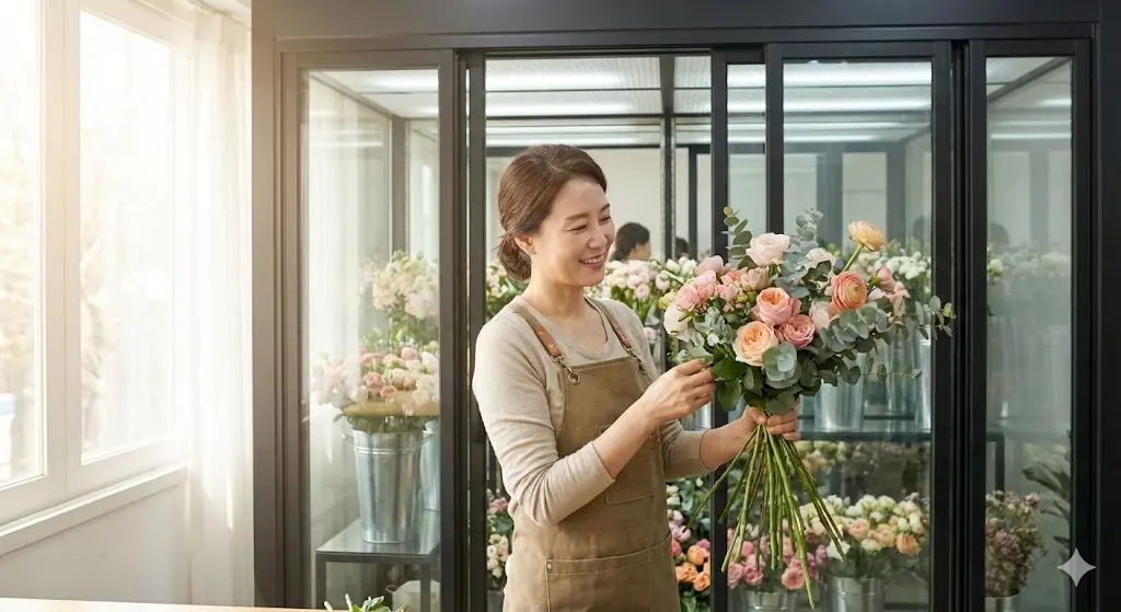 꽃냉장고 안에서 꽃을 정리하고 있는 전문 플로리스트의 모습