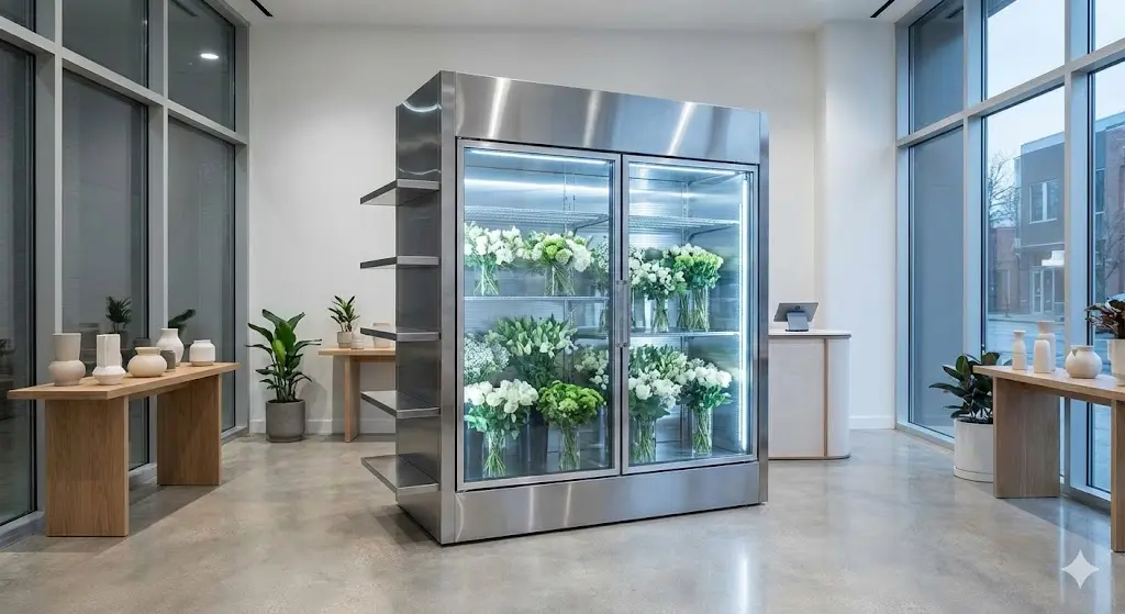 스테인리스 소재로 제작된 맞춤형 꽃 쇼케이스 외관