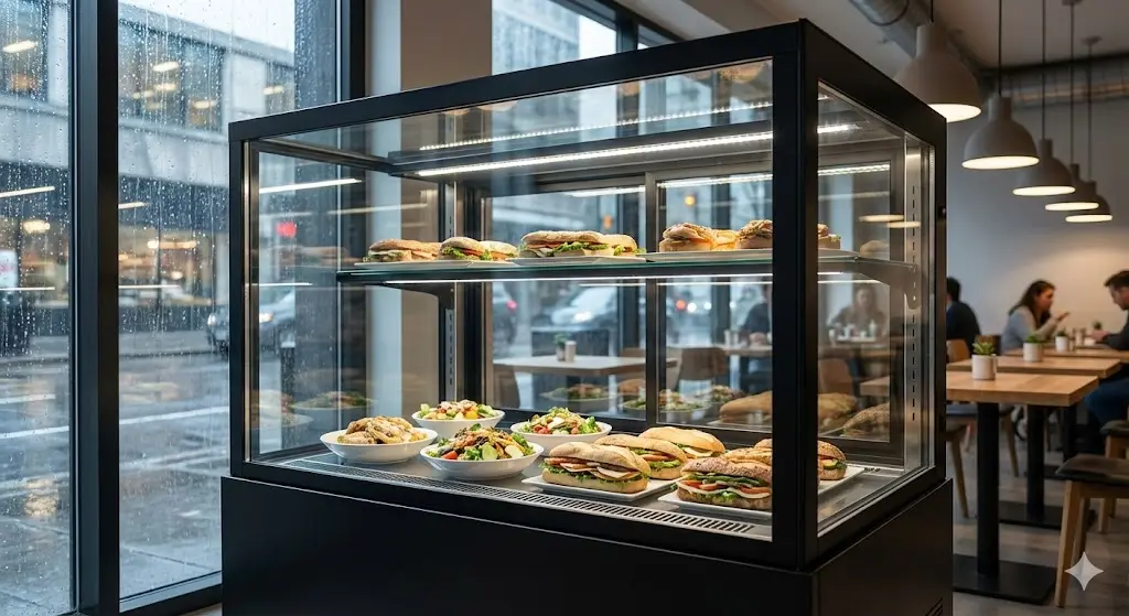 결로 현상 없이 투명한 히팅 유리가 적용된 매장용 쇼케이스