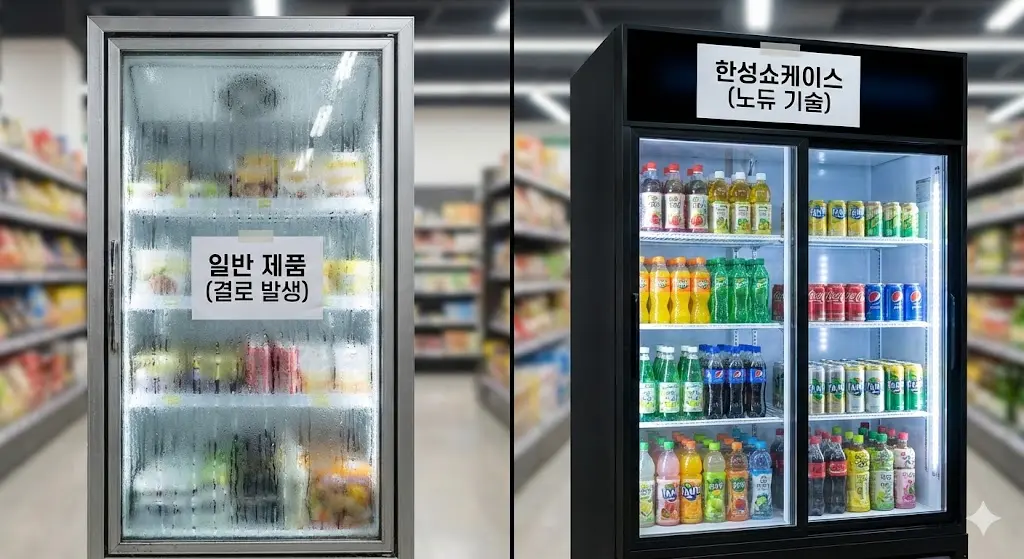 일반 주류쇼케이스의 결로 현상과 한성쇼케이스의 노듀 기술이 적용된 투명한 유리창 비교 사진