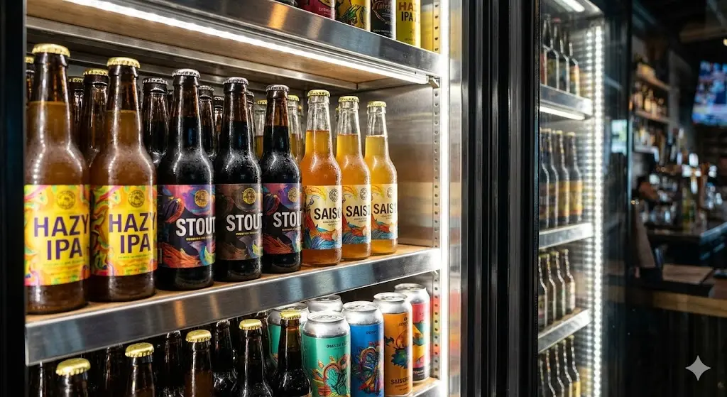 특수 LED 조명 아래에서 라벨 색상이 선명하게 돋보이는 수제 맥주병 근접 촬영