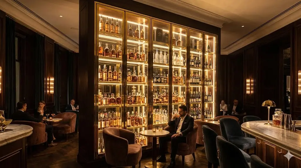 고급스러운 바(Bar) 인테리어와 조화를 이루는 맞춤형 골드 프레임 주류 진열장 전경