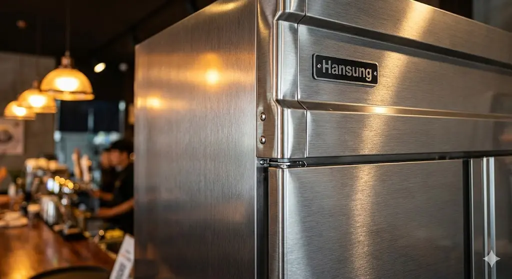 부식에 강하고 견고한 SUS304 스테인리스 스틸 마감이 적용된 주류 냉장고 모서리