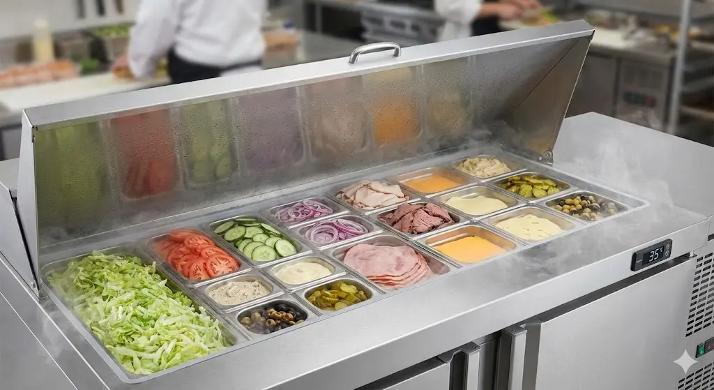 다양한 식재료가 밧트(Tray)에 담겨 정리된 테이블냉장고 내부 모습