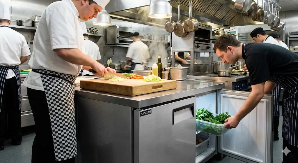 셰프가 업소용 테이블냉장고 상판 작업대에서 식재료를 손질하는 바쁜 주방 모습