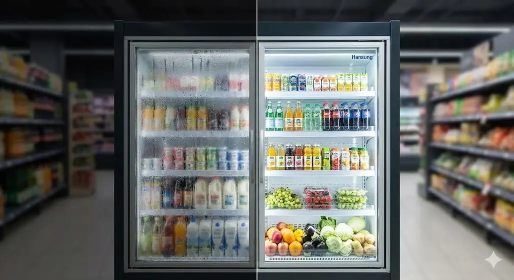 한성쇼케이스의 노듀 기술로 결로 없이 투명한 유리창이 적용된 마트쇼케이스 내부 전경