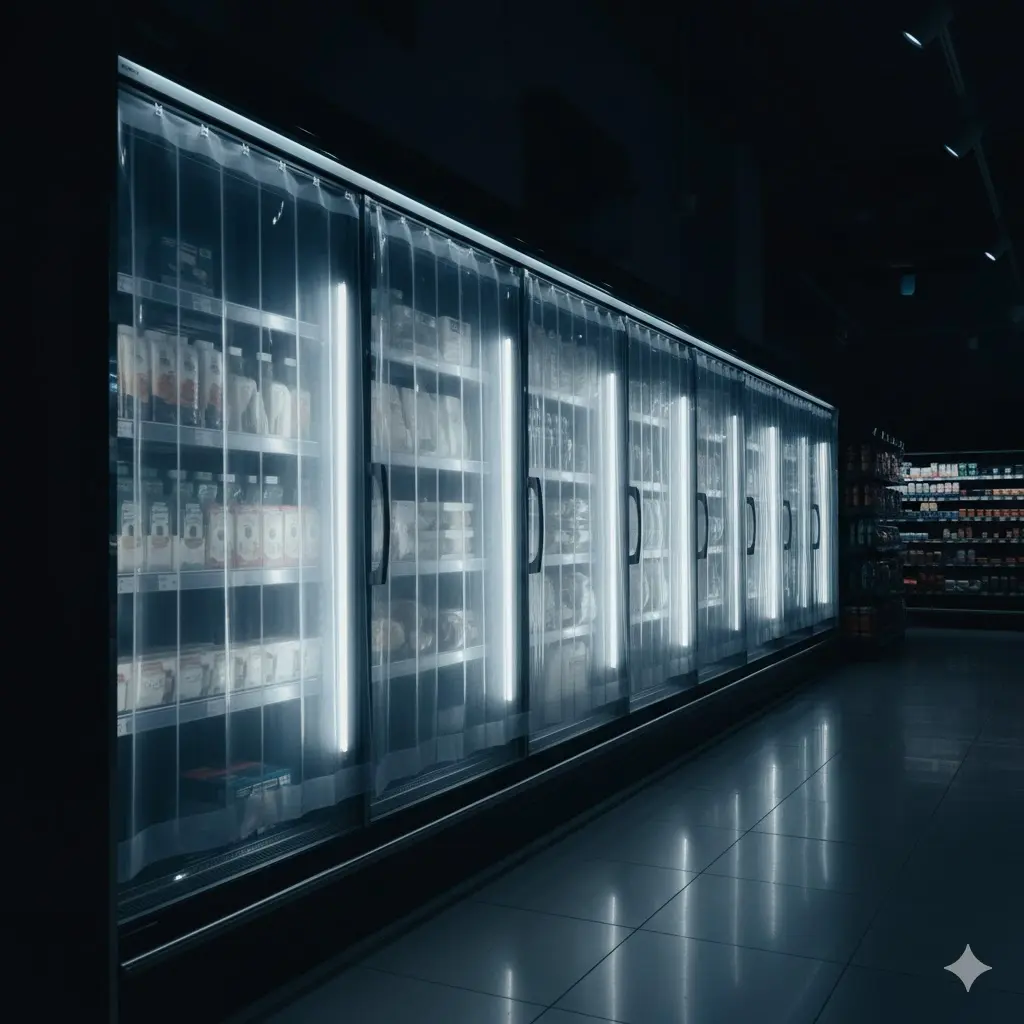 영업 종료 후 냉기 손실을 방지하기 위해 나이트 커튼이 설치된 마트 오픈 다단 쇼케이스