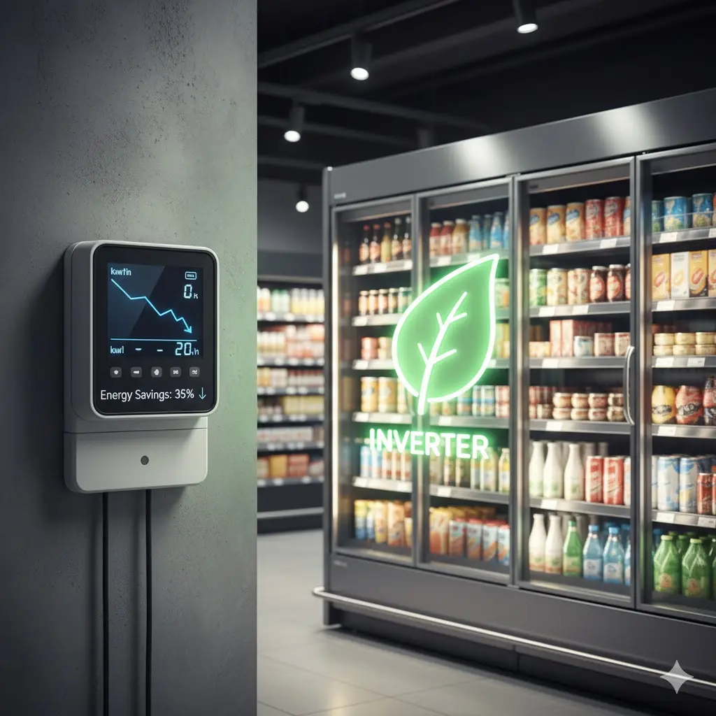 마트쇼케이스의 전기료 절감 효과를 시각화한 인버터 기술 아이콘과 스마트 계량기 이미지