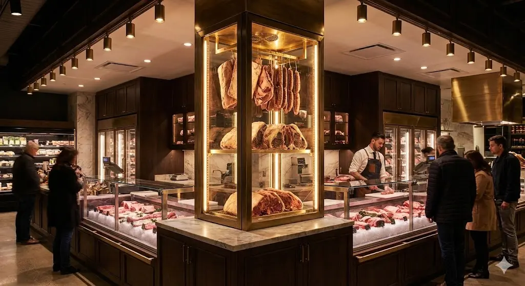 고급스러운 마트 정육 코너에 설치된 골드 프레임 타워형 드라이에이징 쇼케이스와 신선 정육 진열장이 조명을 받아 빛나는 전경