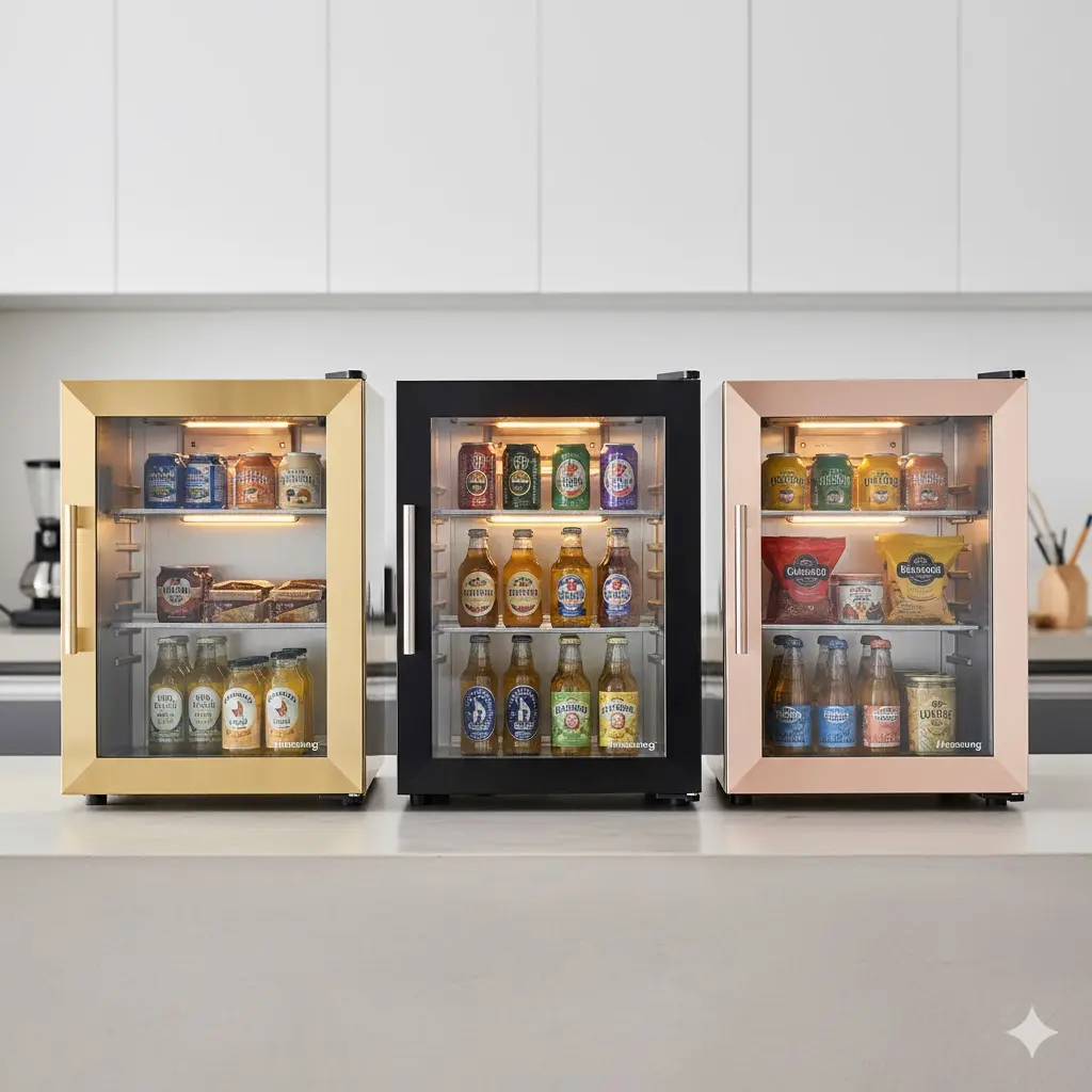 골드, 블랙, 로즈골드 등 프리미엄 메탈 소재로 커스텀 제작된 한성 미니쇼케이스 3종 나란히 배치