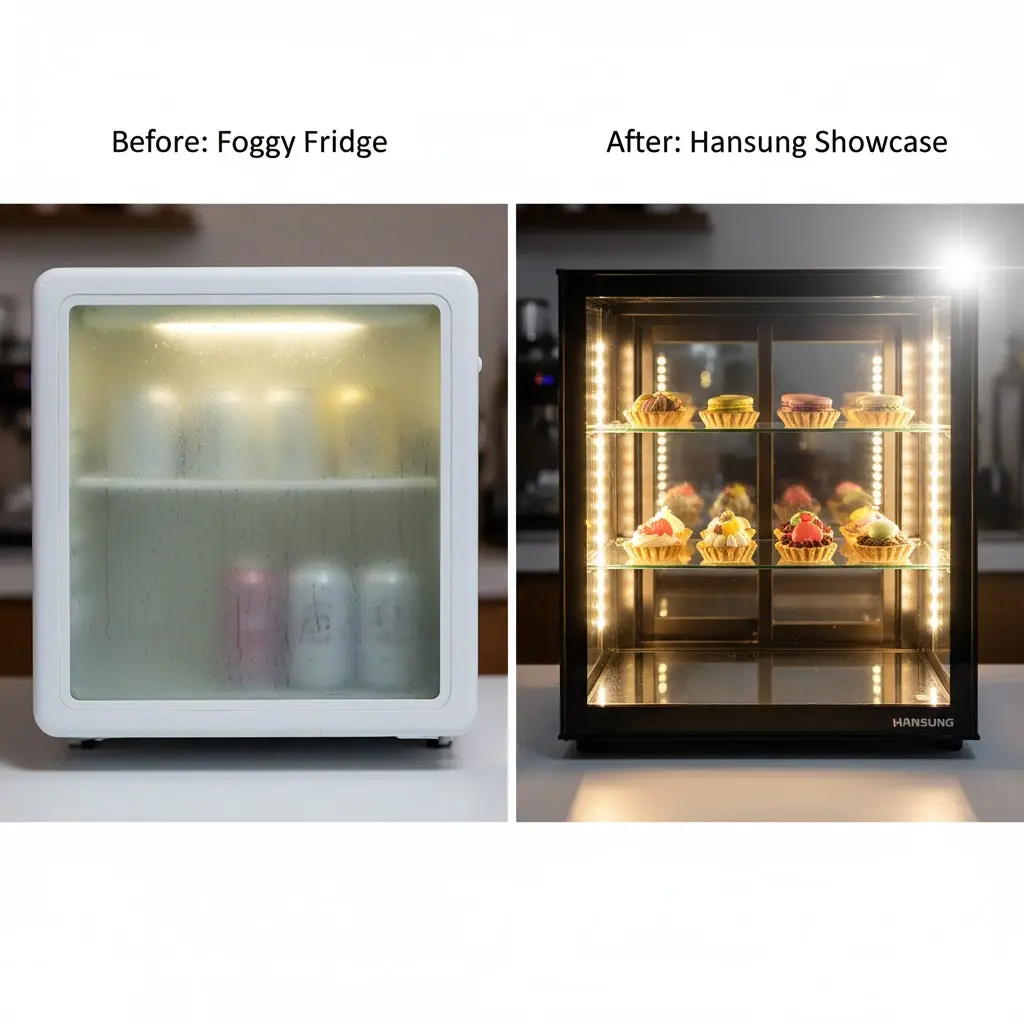 일반 냉장고의 뿌연 결로 현상과 한성쇼케이스 노듀 기술이 적용된 투명한 내부 시야 비교 사진