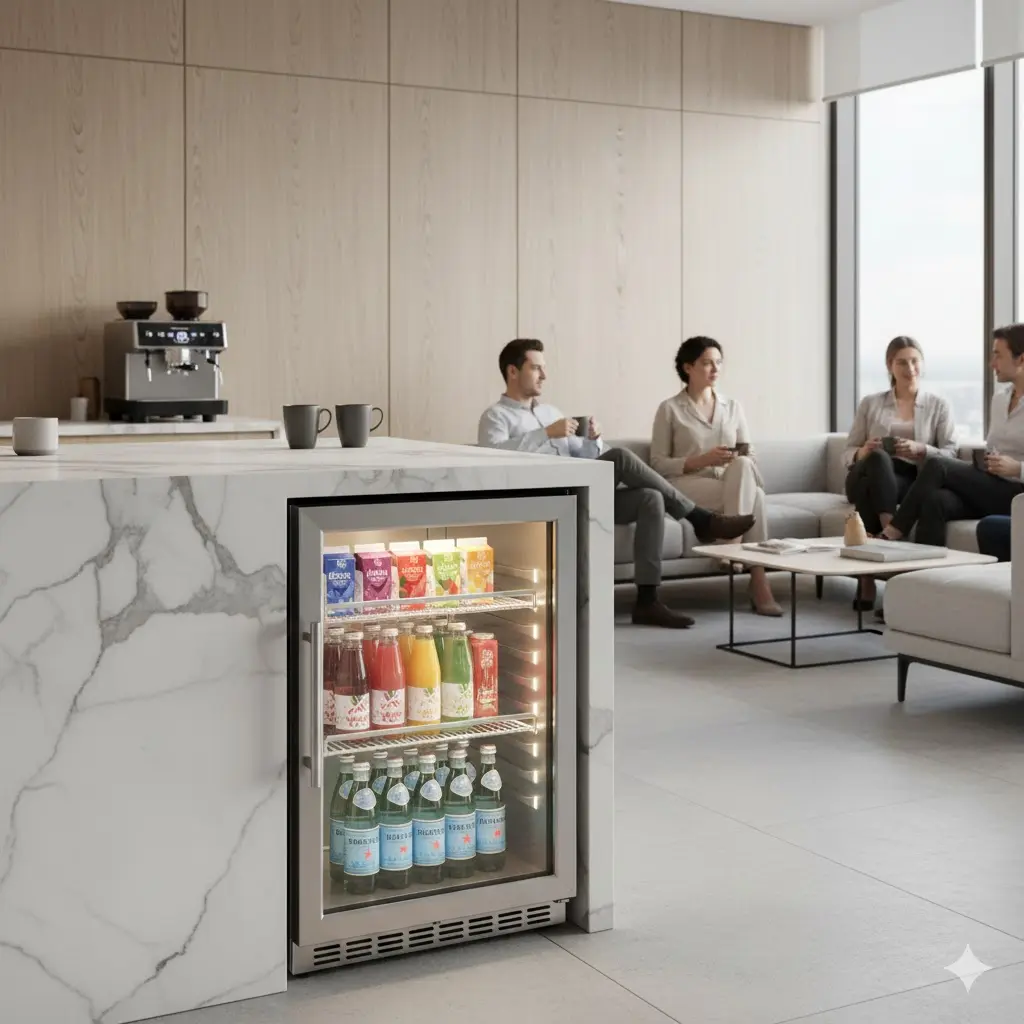 모던한 오피스 라운지 대리석 아일랜드 식탁 아래 빌트인으로 설치된 음료 전용 미니쇼케이스