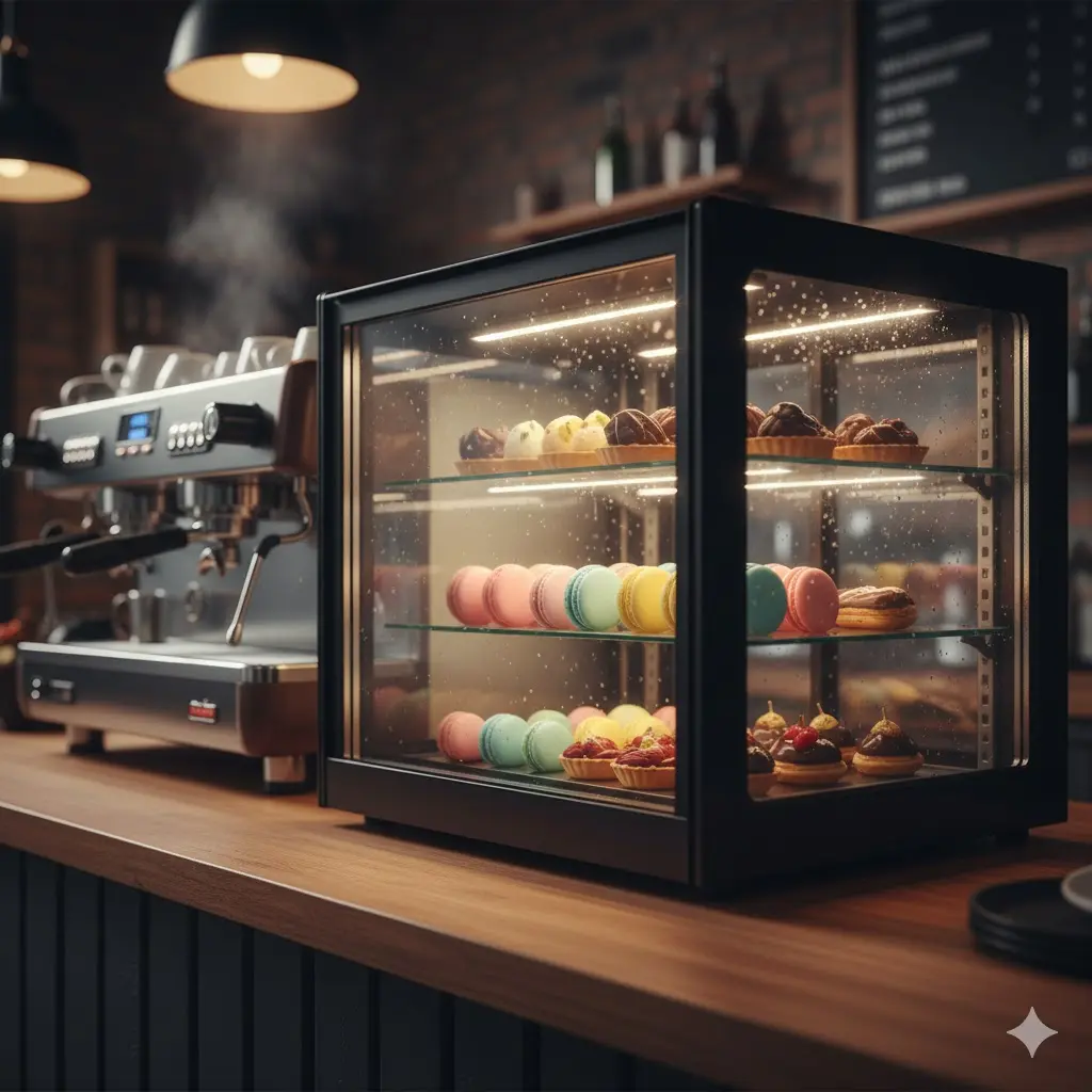 카페 카운터 위 마카롱과 타르트가 진열된 블랙 프레임의 미니 디저트 쇼케이스와 에스프레소 머신 배경