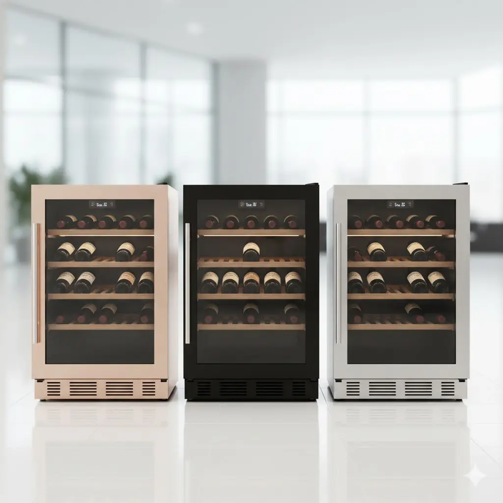 골드, 블랙, 로즈골드 프리미엄 컬러로 제작된 한성 미니쇼케이스 3종 나란히 배치