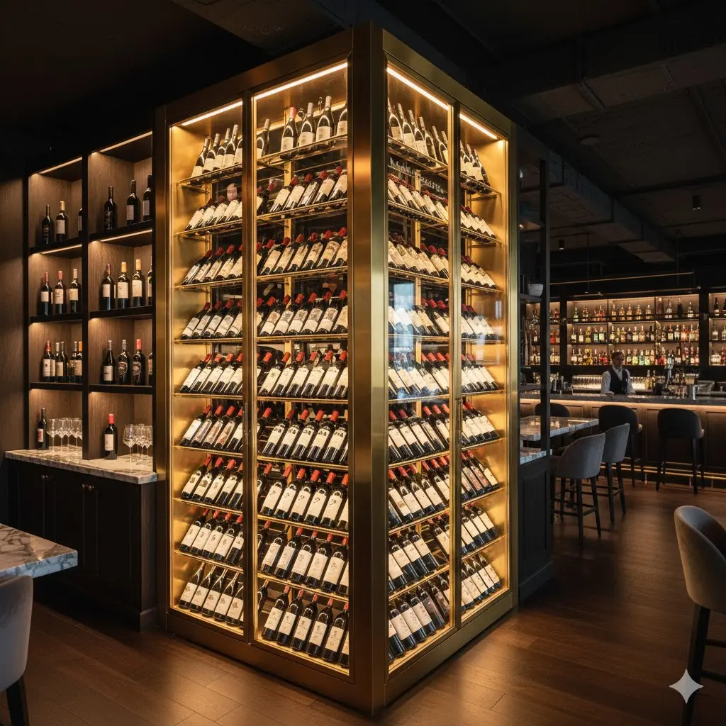 럭셔리 와인바에 설치된 대형 황동 프레임 맞춤형 와인 쇼케이스와 드라마틱한 조명 전경