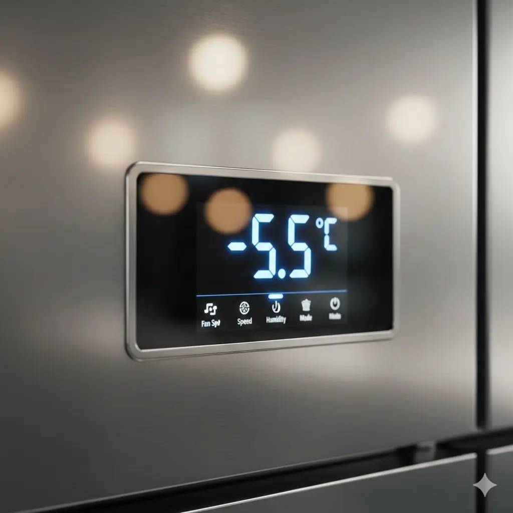 소주냉장고 외부의 정밀 디지털 온도 표시 및 조절 패널.