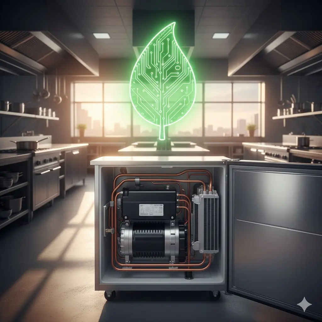 저소음 및 에너지 절감 기술을 상징하는 소주냉장고 핵심 부품 콘셉트 이미지.