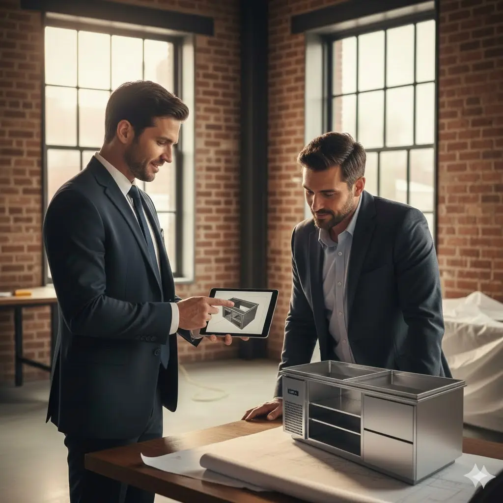 고객의 요청에 따라 맞춤형 소주냉장고 디자인을 상담하는 모습.