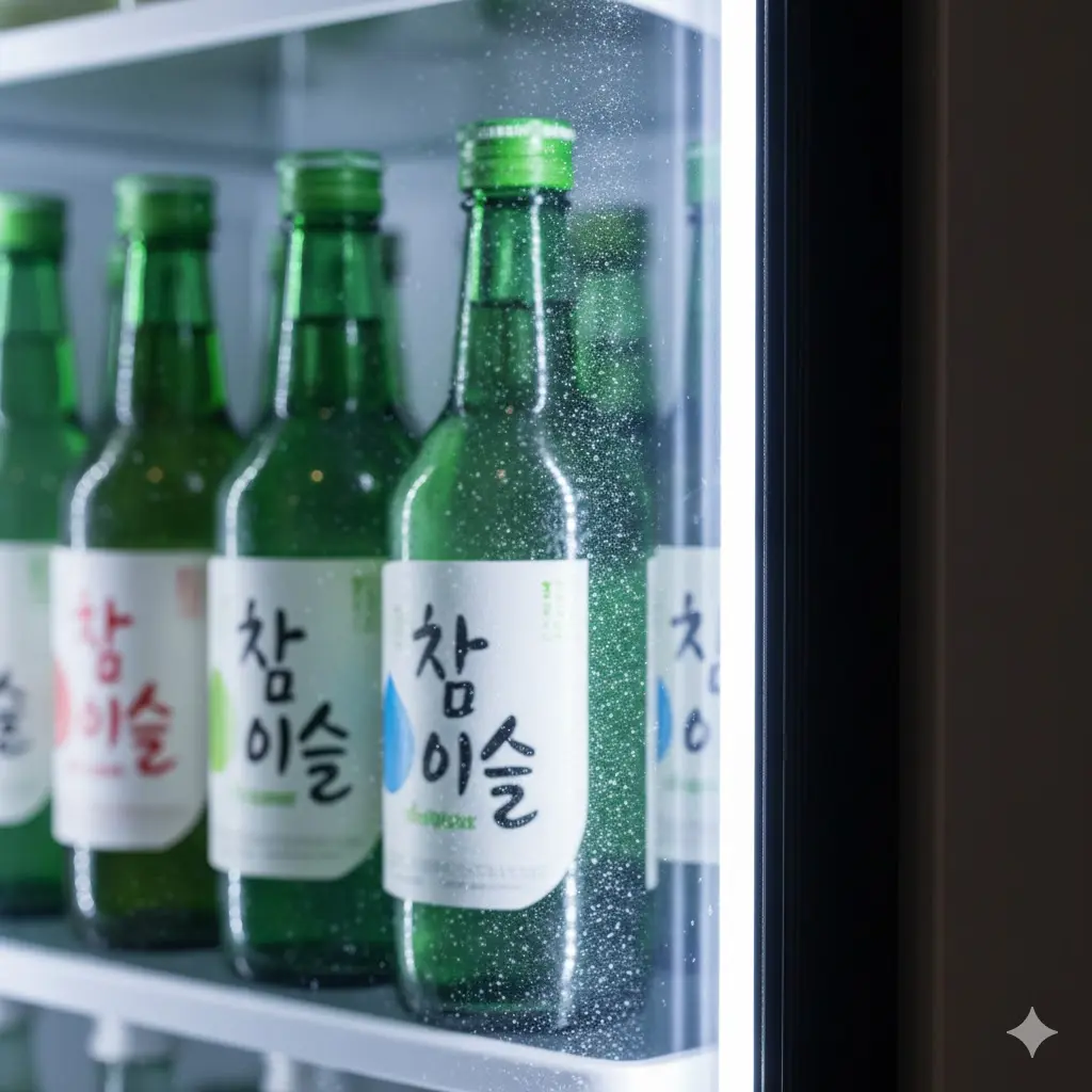 성에나 이슬 맺힘 없이 내부가 투명하게 보이는 소주냉장고 유리 도어 상세 컷.