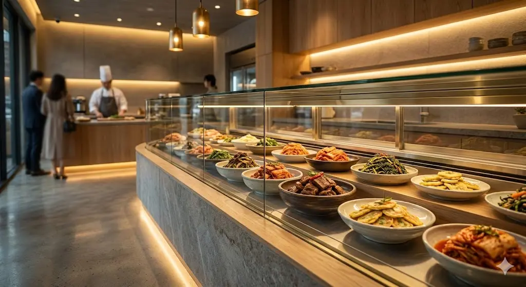 세련된 인테리어의 반찬가게 내부에 배치된 프리미엄 반찬냉장고 이미지.