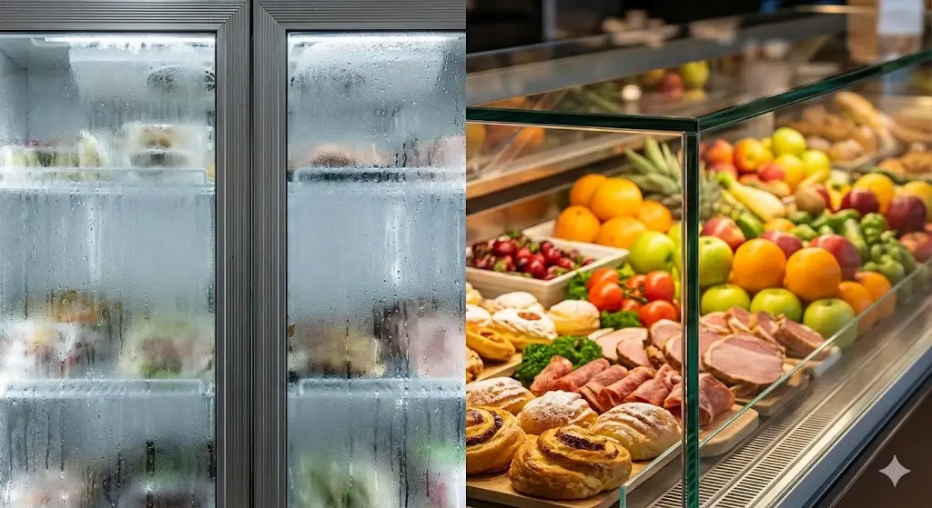 결로가 있는 일반 냉장고와 투명도가 높은 한성쇼케이스 비교 이미지.