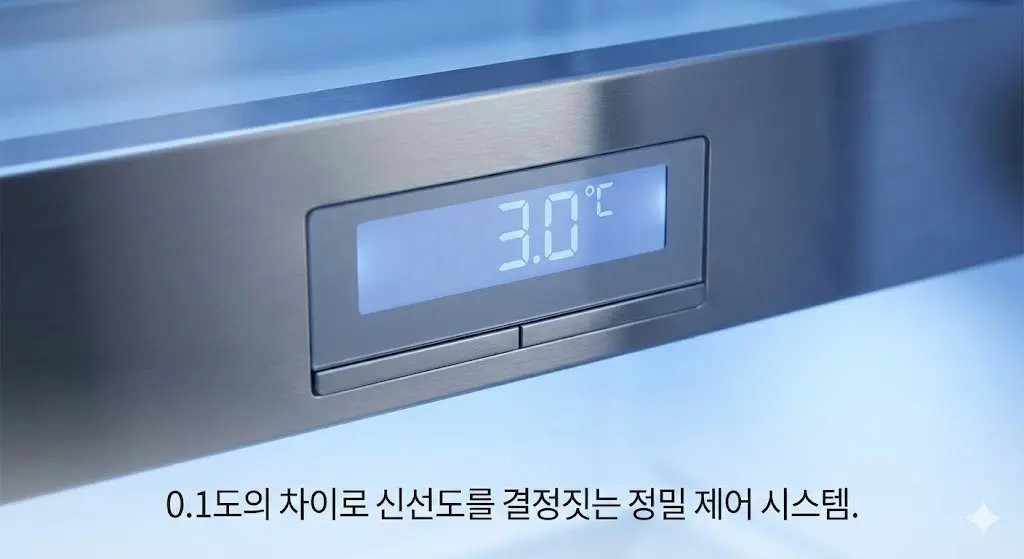 반찬냉장고의 온도를 정밀하게 조절하는 디지털 컨트롤러 상세샷.