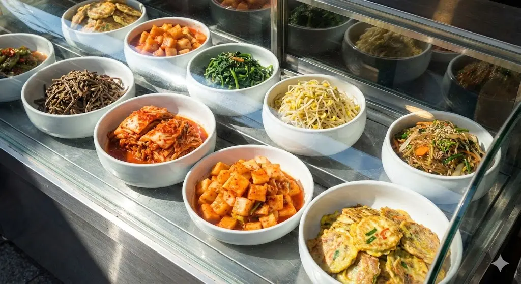 반찬냉장고 내부에 진열된 신선한 한국 반찬들.