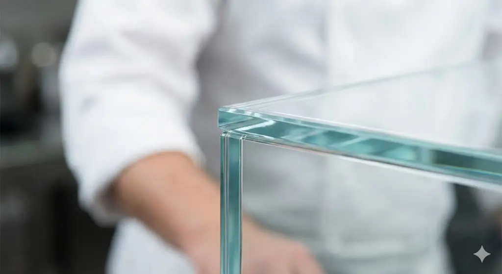 한성쇼케이스 특유의 프레임리스 강화유리 모서리 상세 사진.