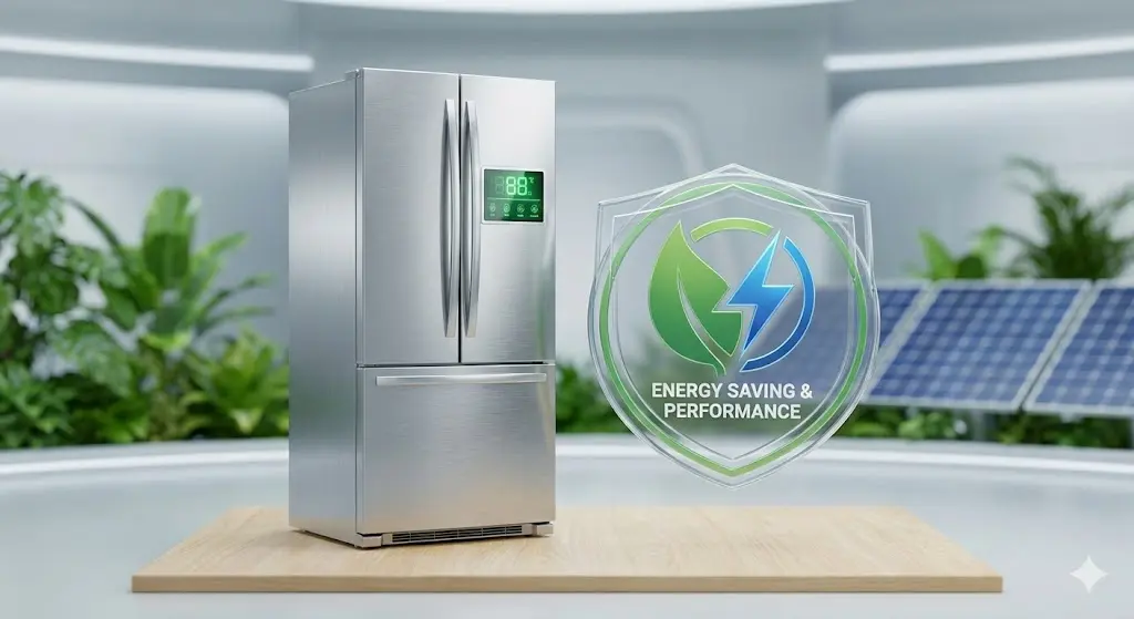 에너지 절약과 고성능을 상징하는 반찬냉장고 그래픽 이미지.